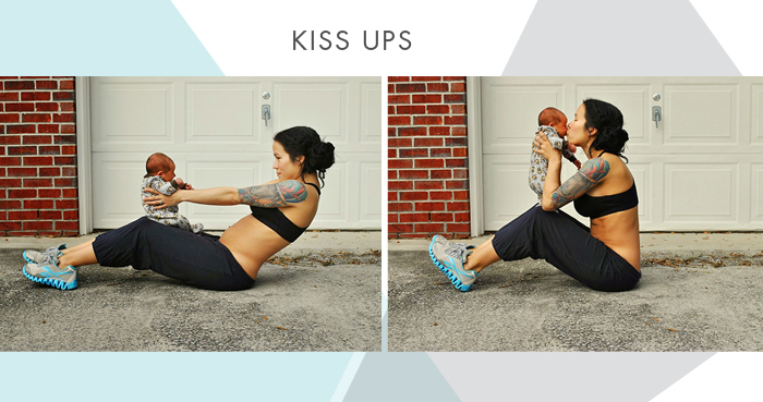 Postnatal exercise with baby kiss ups