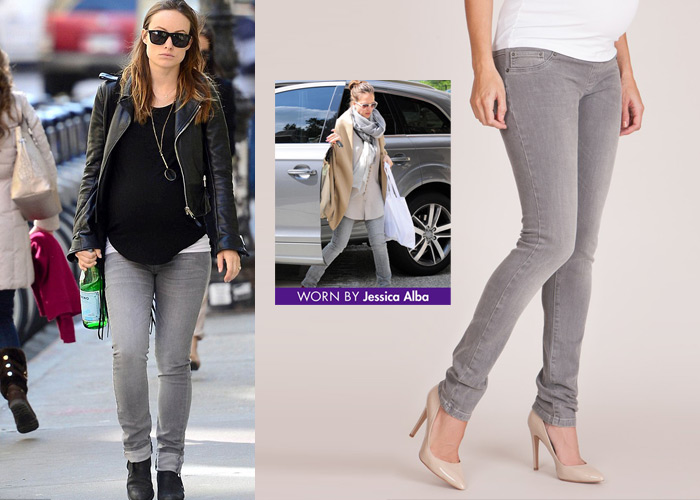 Olivia Wilde pregnant, wearing Seraphine grey maternity jeans