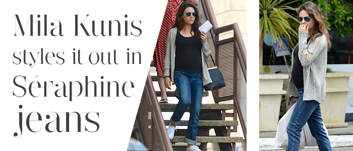 Mila Kunis wears Seraphine maternity jeans