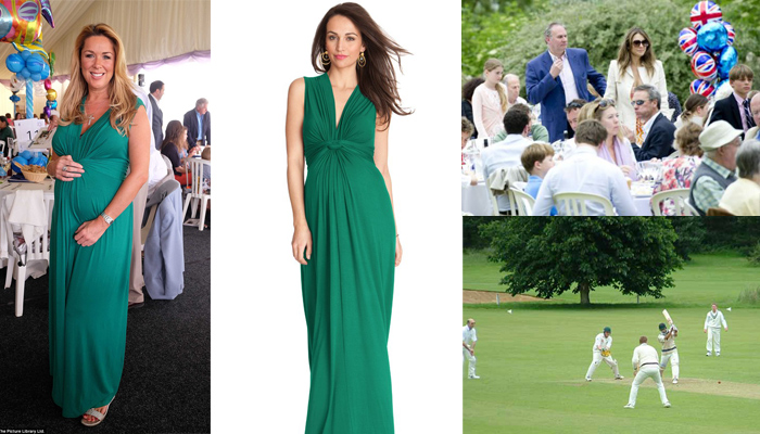 Claire Sweeney wears a Seraphine maternity maxi dress