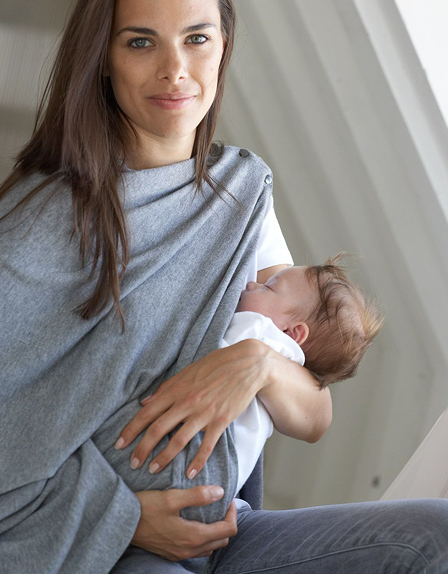 Breastfeeding mum wears Seraphine nursing shawl