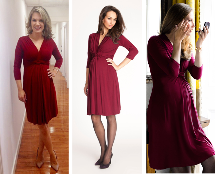 Charlotte Hawkins wears the red Seraphine knotted maternity dress