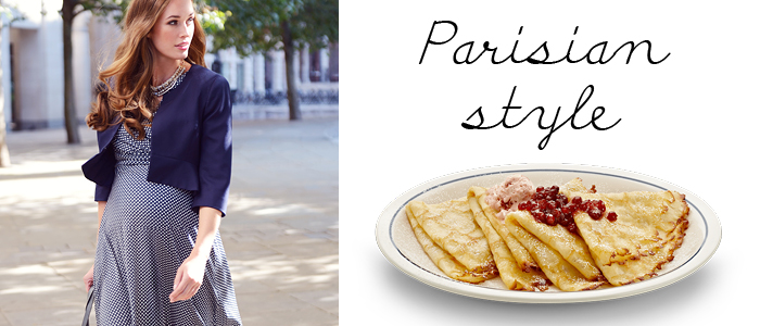 Pregnant woman in blue maternity dress with Parisian style crepes