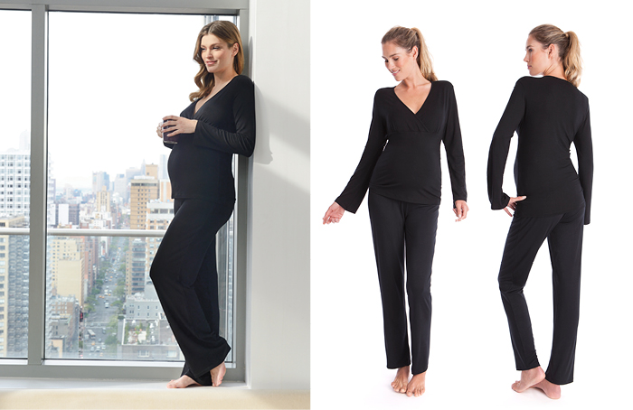 Pregnant women wearing black maternity pyjamas