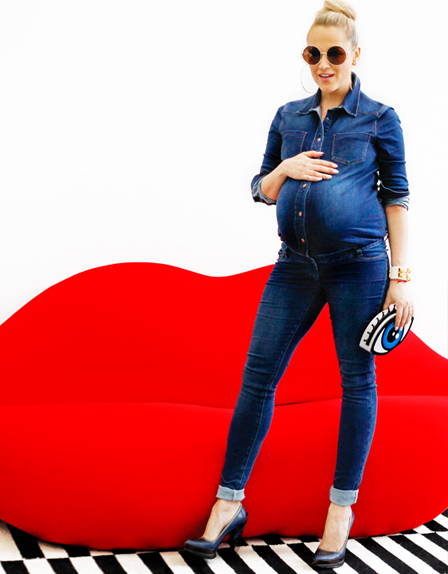 Real mamas wear Seraphine maternity clothes - denim maternity jumpsuit