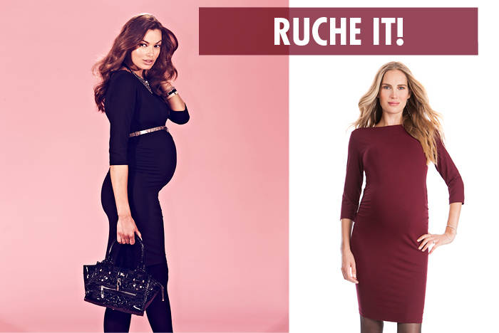 Ruched maternity dress in black and burgundy