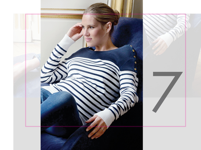 Pregnant model wears a Seraphine nautical maternity & nursing jumper