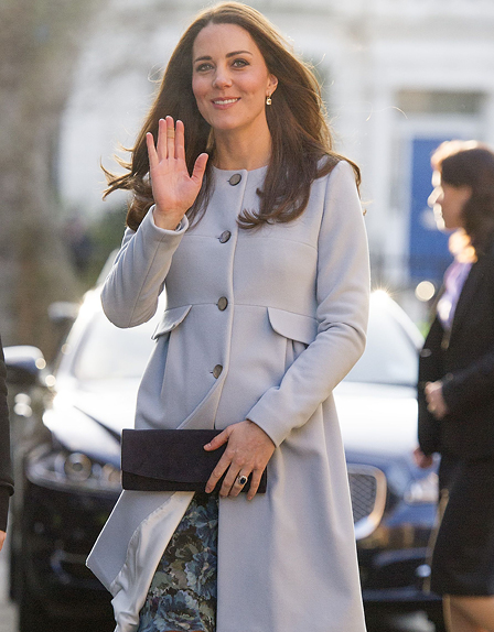The Duchess of Cambridge wears a blue Seraphine maternity coat