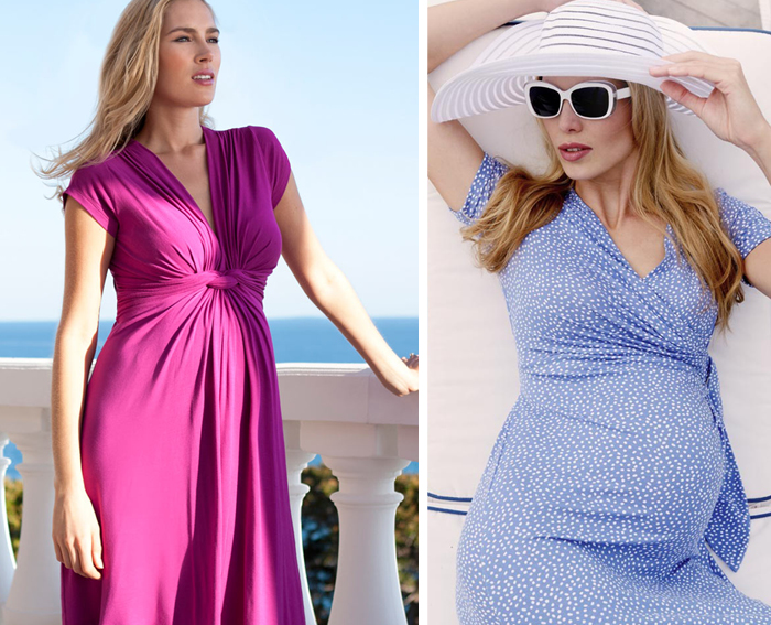 Blonde woman wears a pink maternity dress and a blue maternity dress