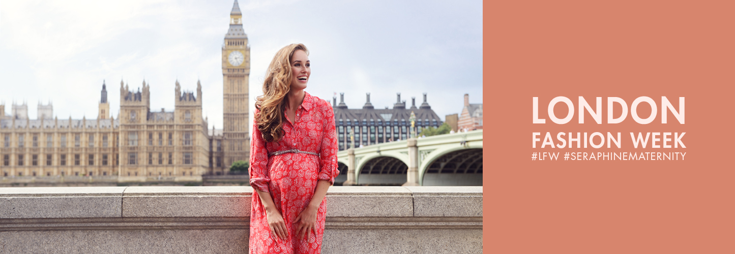 pregnant woman wears red maternity dress outside Westminster
