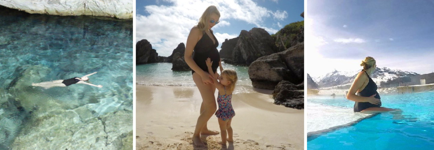 Travel Mad Mum Karen Edwards wears a black maternity swimsuit by Seraphine