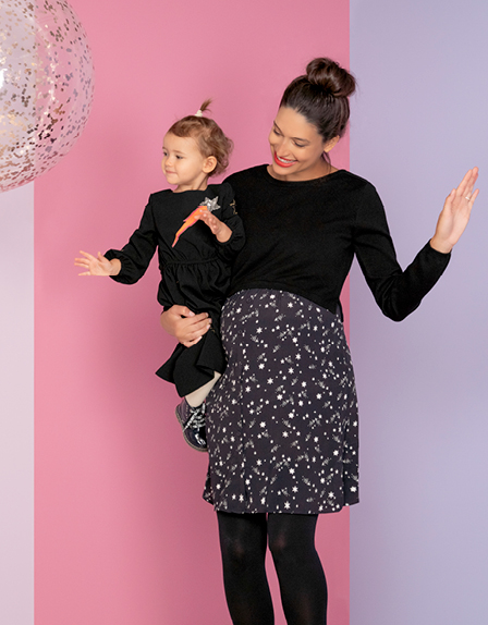 Mama wears Seraphine maternity dress with her daughter
