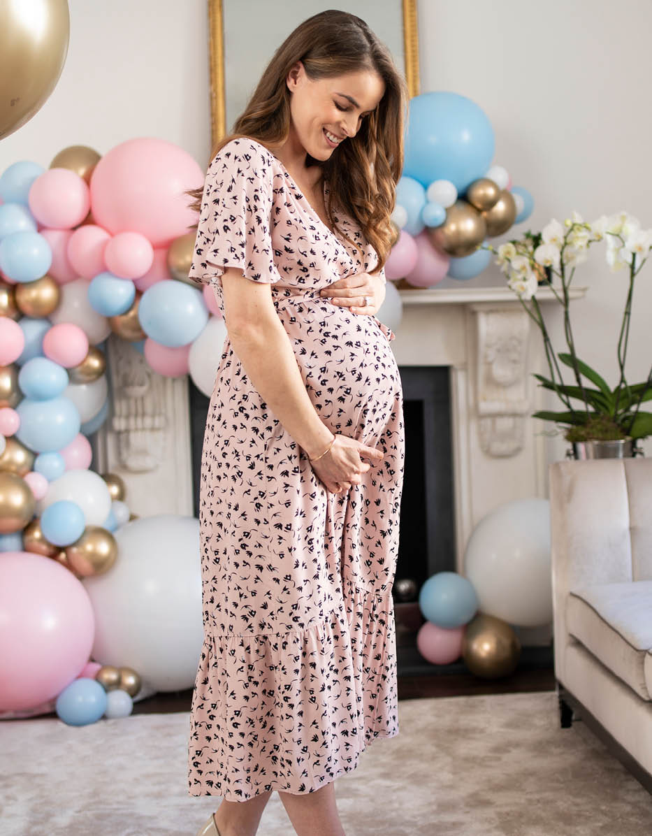 Pink maternity dress for a virtual baby shower
