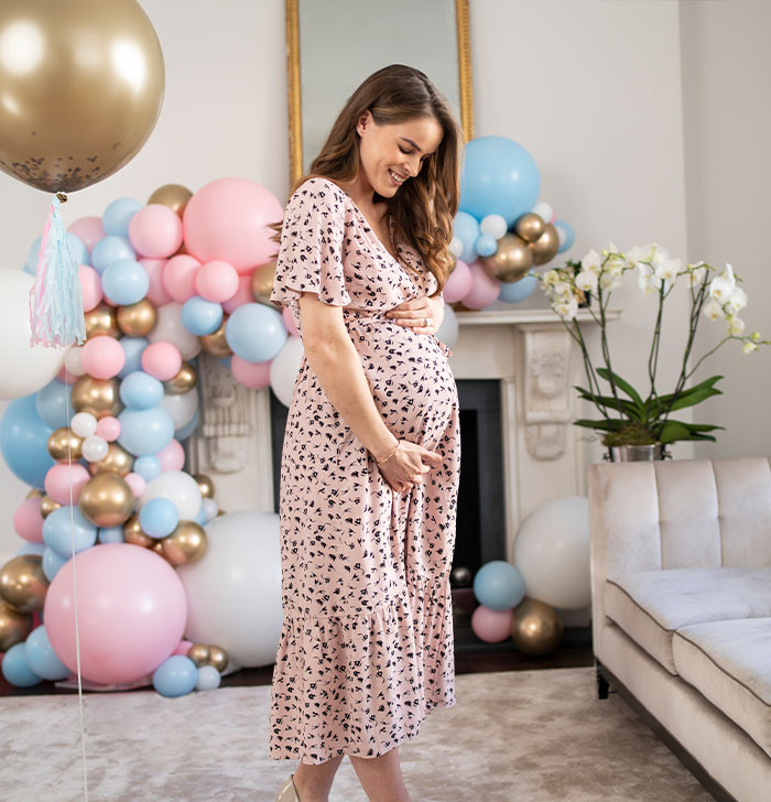 Pink maternity dress for your Virtual Baby Shower