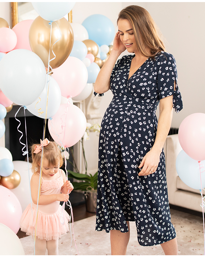 navy blue maternity midi dress for a baby shower